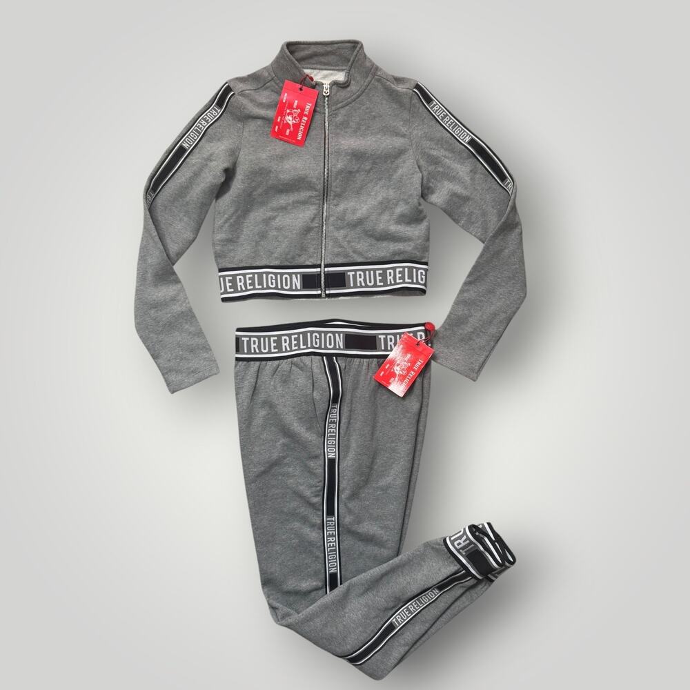 True Religion Women’s L Gray Branded Tape Track Jacket Jogger Pants L29 Set NWT